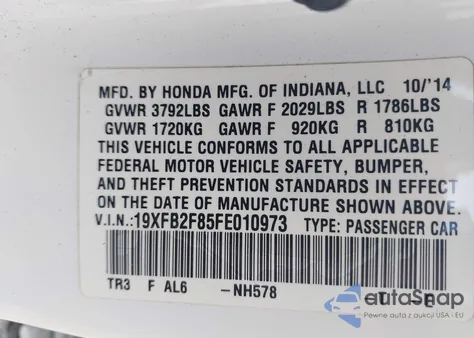 2015 Honda Civic Ex z USA, uszkodzony, nr VIN 19XFB2F85FE010973